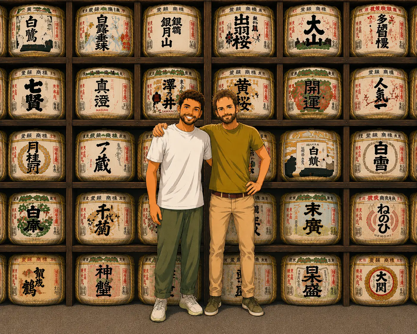 Luca e Gioacchino, fondatori di Tabi Tabi Journeys, davanti a una parete di botti di sake